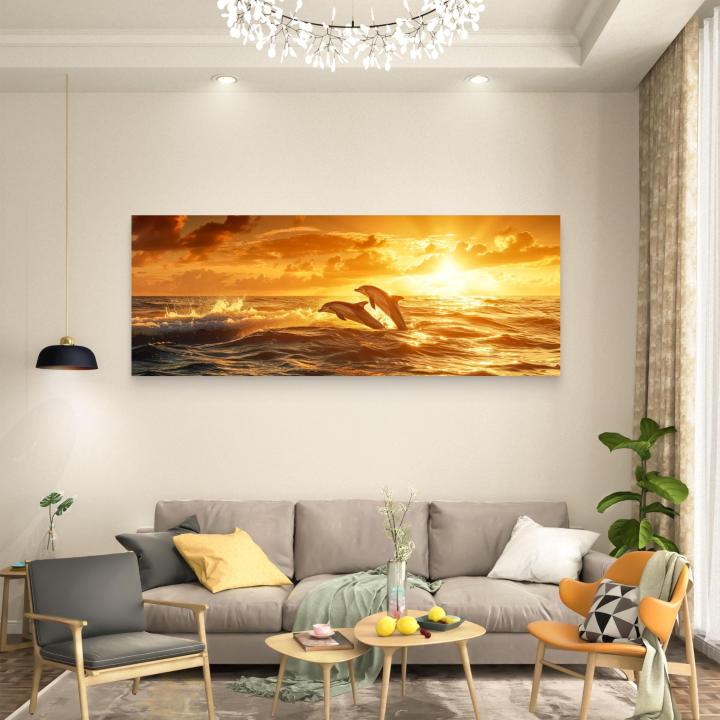 Panoramic Dolphin Glass Wall Art, Ocean Sunset Decor, Horizontal Marine Glass Print