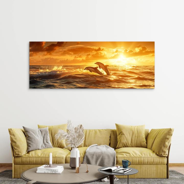Panoramic Dolphin Glass Wall Art, Ocean Sunset Decor, Horizontal Marine Glass Print