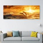 Panoramic Dolphin Glass Wall Art, Ocean Sunset Decor, Horizontal Marine Glass Print