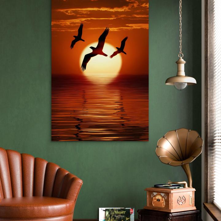 Birds at Sunset Tempered Glass Wall Art, Vertical Panoramic Ocean Seascape Decor