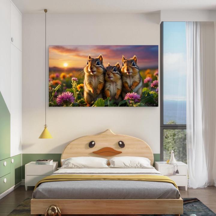 Chipmunk Sunset Meadow Tempered Glass Wall Art,Large
