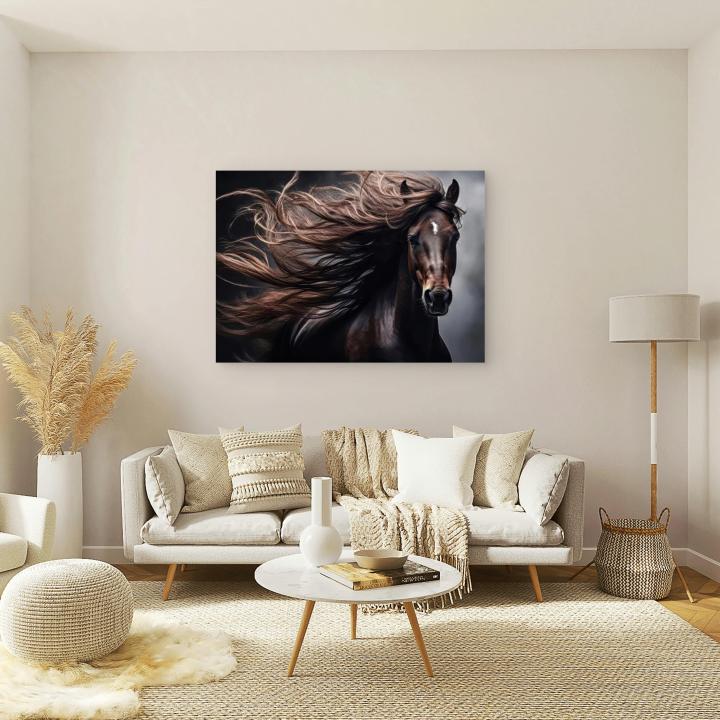 Majestic Brown Horse Glass Wall Art,Wild Horse with Flowing Mane Tempered Print