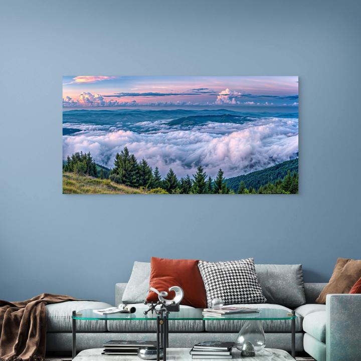 Panoramic Sunset Mountain Glass Art, Purple Clouds Tempered Glass Decor, Large Nature Wall Hanging