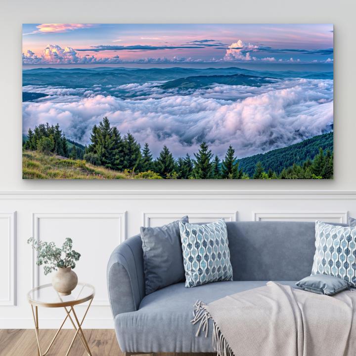 Panoramic Sunset Mountain Glass Art, Purple Clouds Tempered Glass Decor, Large Nature Wall Hanging