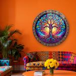 Rainbow Tree of Life Glass Wall Art – Round Tempered Print,Large