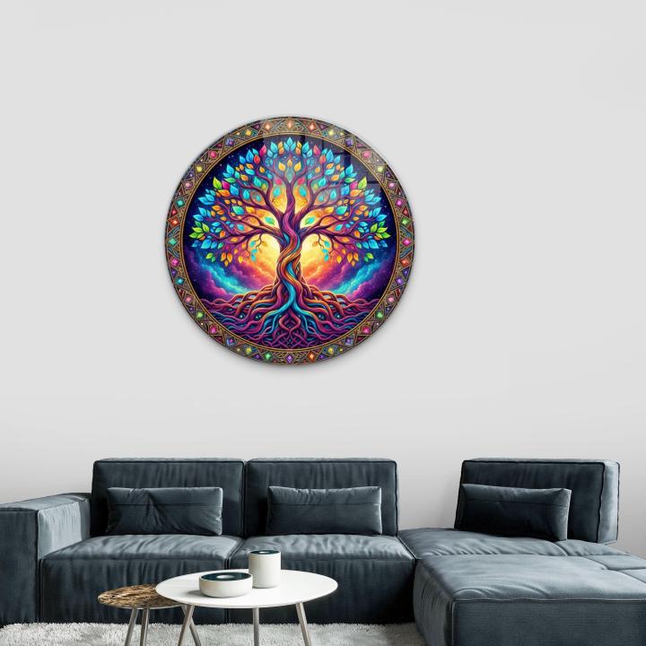 Rainbow Tree of Life Glass Wall Art – Round Tempered Print,Large