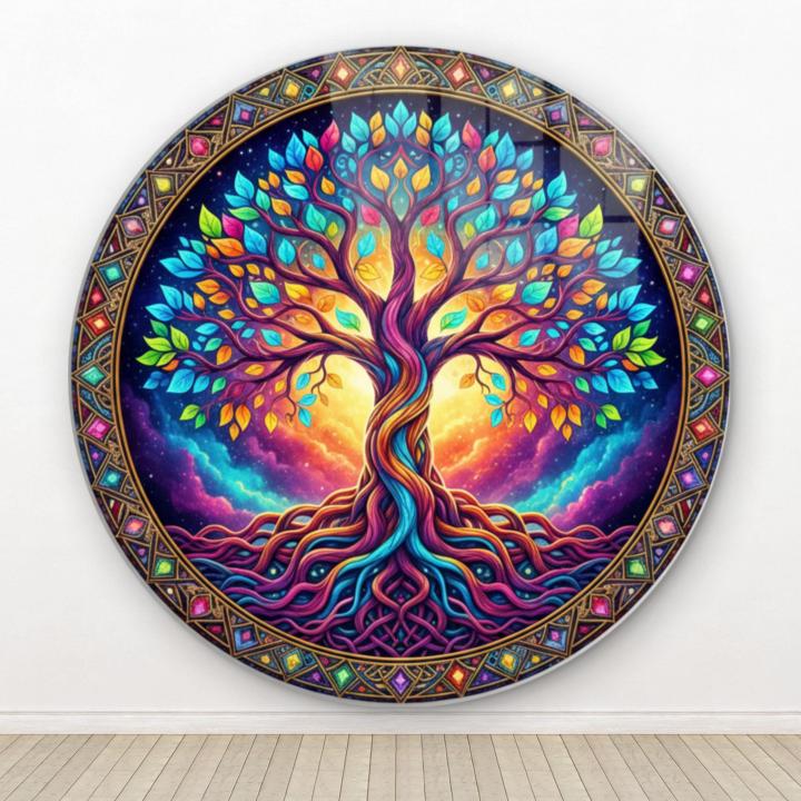 Rainbow Tree of Life Glass Wall Art – Round Tempered Print,Large