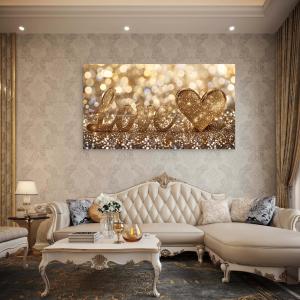 Gold Glitter Love Glass Wall Art, Heart Shape Tempered Glass Decor, Romantic Anniversary Gift