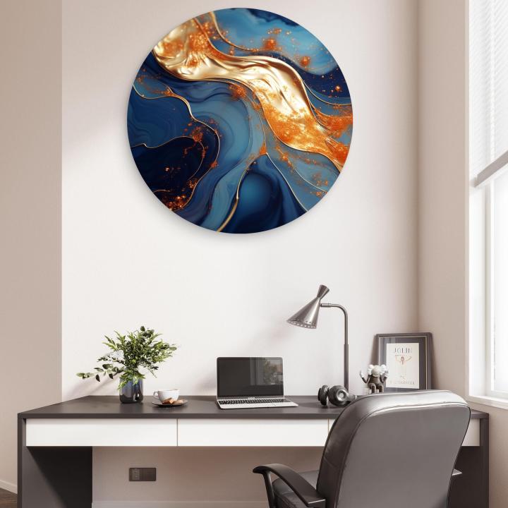 Round Gold and Blue Abstract Glass Wall Art, Circular Tempered Glass Decor, Modern Luxury