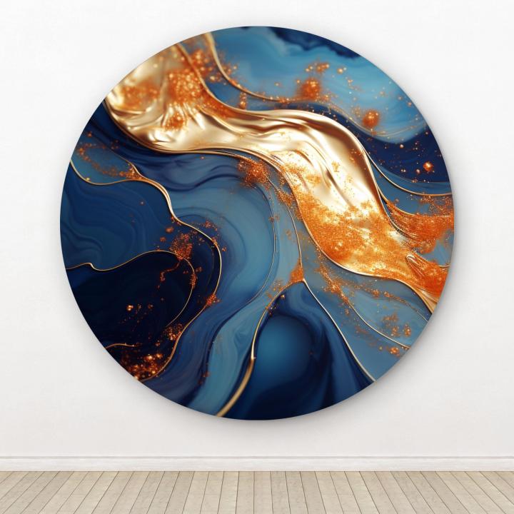 Round Gold and Blue Abstract Glass Wall Art, Circular Tempered Glass Decor, Modern Luxury