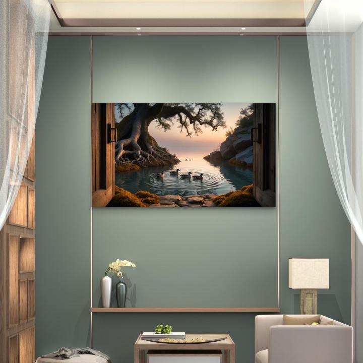 Nature Glass Wall Art, Sunset Lake with Ducks Tempered Glass Print, Large