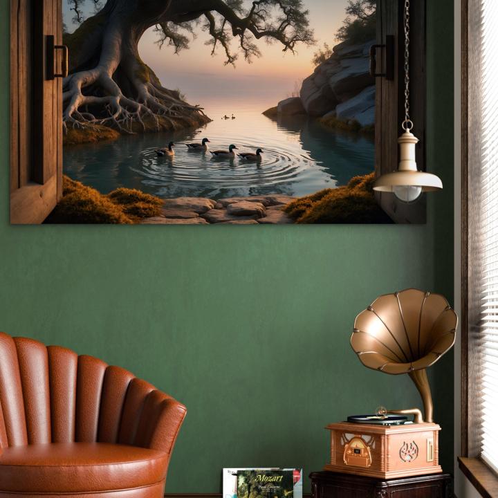 Nature Glass Wall Art, Sunset Lake with Ducks Tempered Glass Print, Large