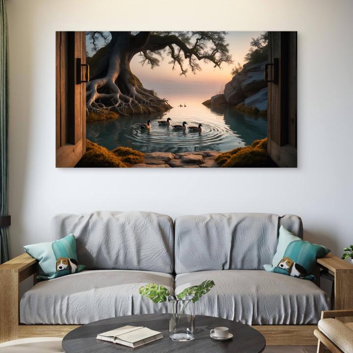 Nature Glass Wall Art, Sunset Lake with Ducks Tempered Glass Print, Large