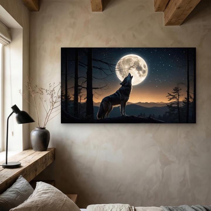 Howling Wolf Under Full Moon Tempered Glass Wall Art, Wildlife Decor,Large