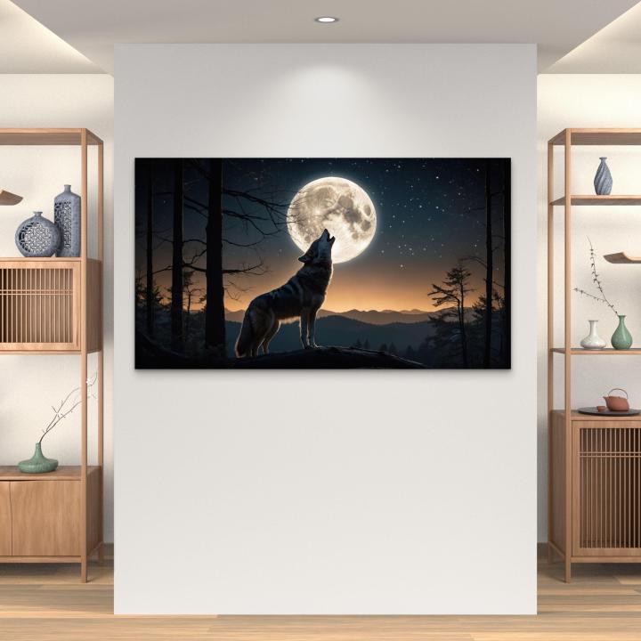 Howling Wolf Under Full Moon Tempered Glass Wall Art, Wildlife Decor,Large