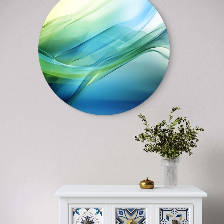 Teal and Green Abstract Tempered Glass Wall Art, Round Modern Decor