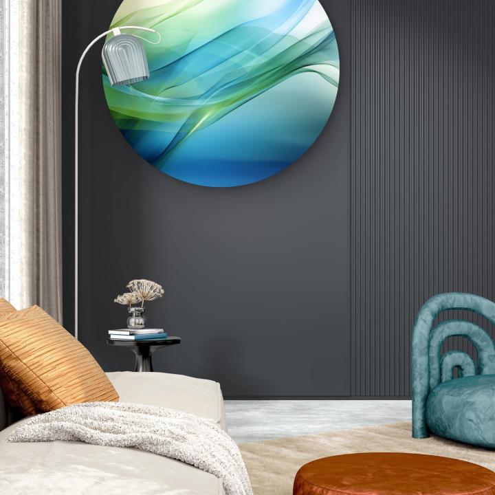 Teal and Green Abstract Tempered Glass Wall Art, Round Modern Decor