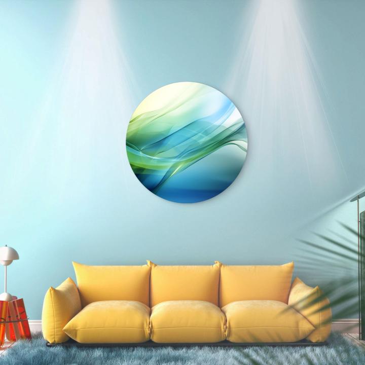 Teal and Green Abstract Tempered Glass Wall Art, Round Modern Decor