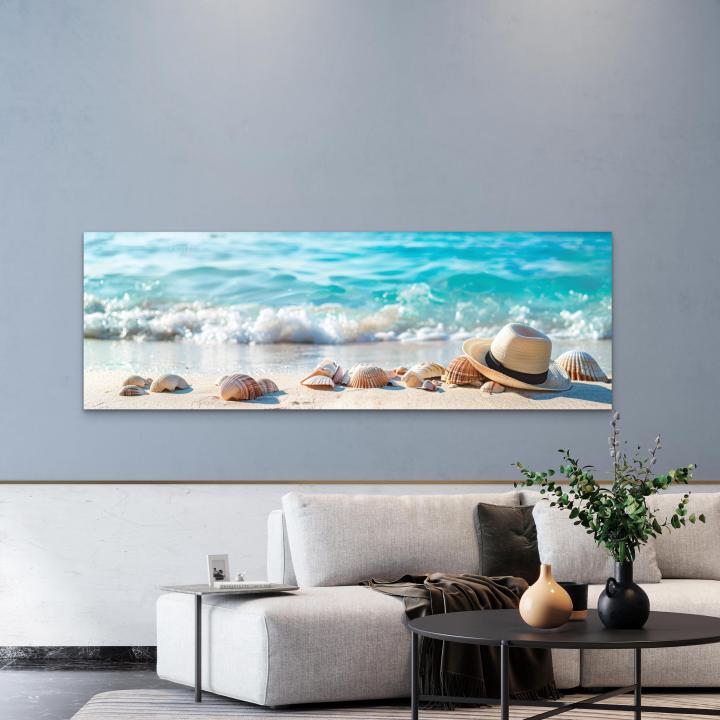 Panoramic Tempered Glass Wall Art, Beach Sand and Seashells Decor, Large Horizontal Glass Printing