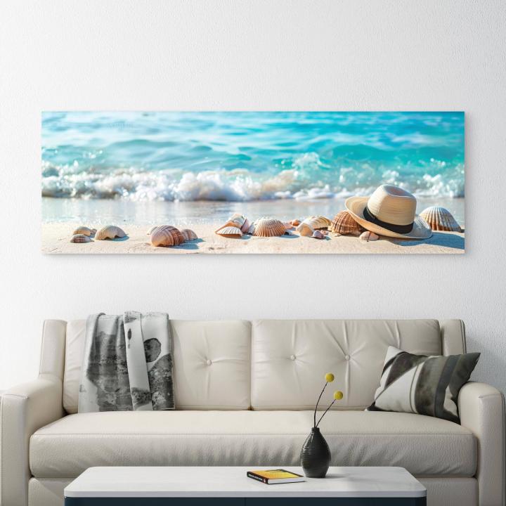 Panoramic Tempered Glass Wall Art, Beach Sand and Seashells Decor, Large Horizontal Glass Printing