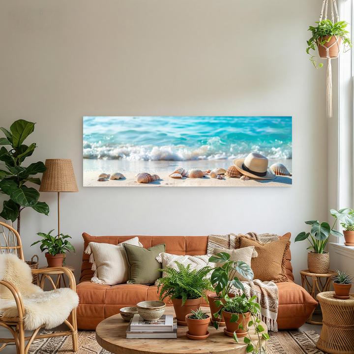 Panoramic Tempered Glass Wall Art, Beach Sand and Seashells Decor, Large Horizontal Glass Printing