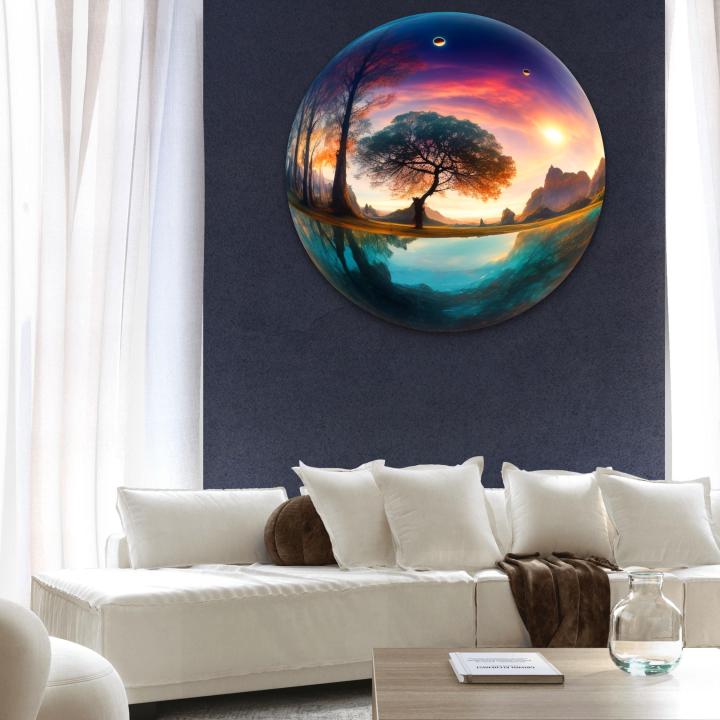 Round Surreal Landscape Glass Wall Art,Fantasy World Glass Hanging,Tempered