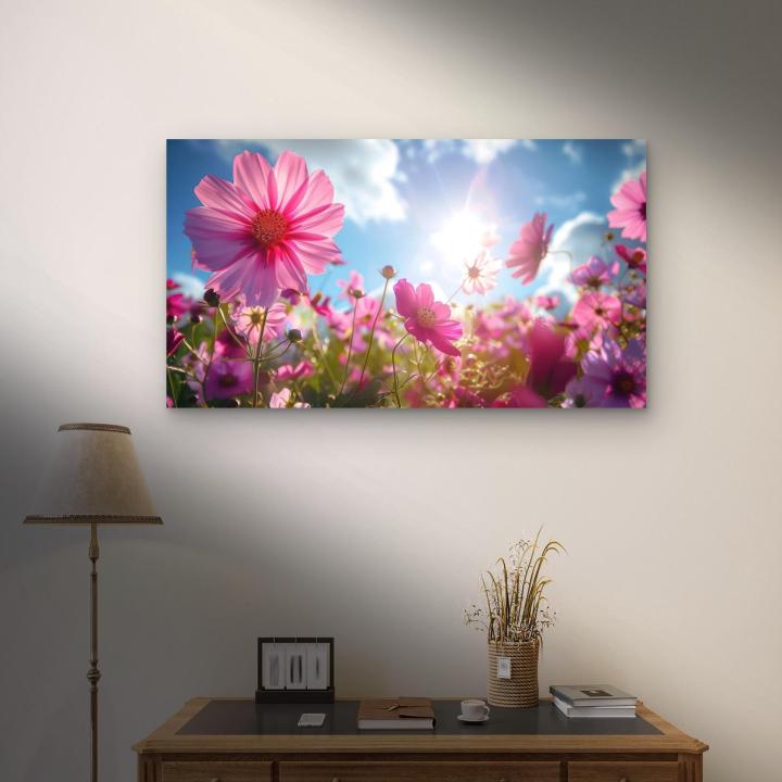 Pink Cosmos Flowers Glass Wall Art, Wildflower Meadow Under Sun, Floral Tempered Glass Print