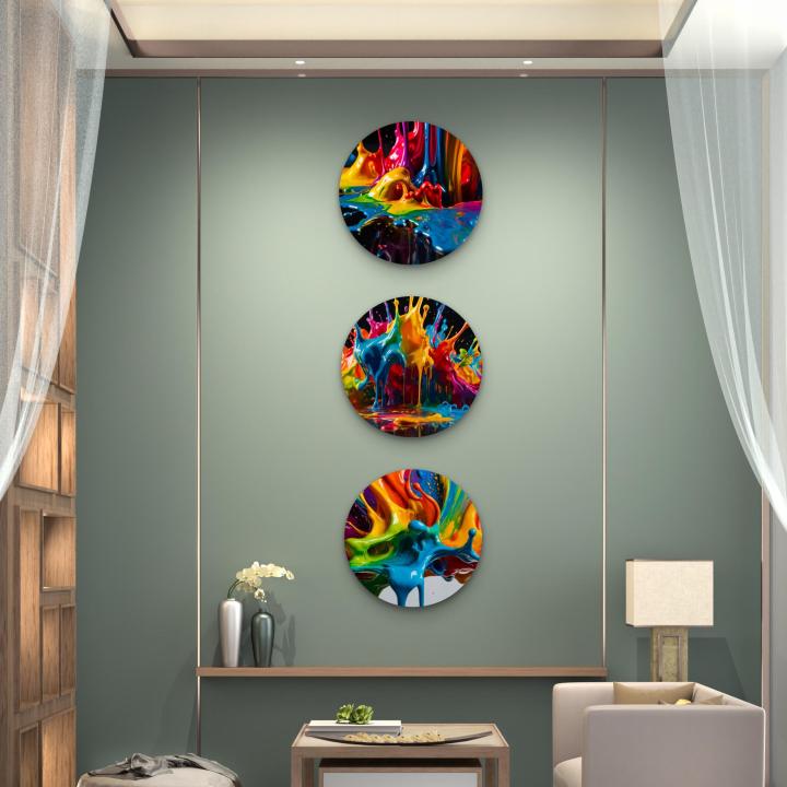 Round Tempered Glass Wall Art Set, Abstract Paint Splash, Modern Decor,3 pieces