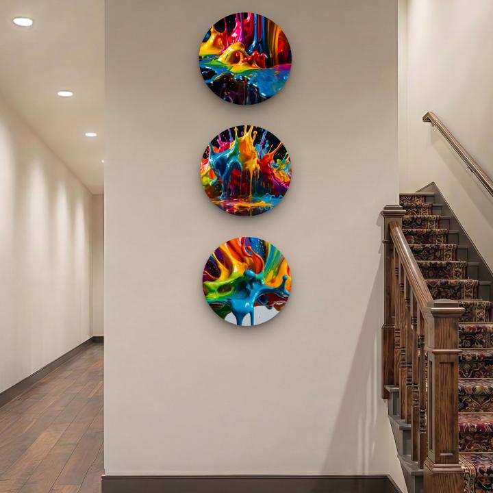 Round Tempered Glass Wall Art Set, Abstract Paint Splash, Modern Decor,3 pieces