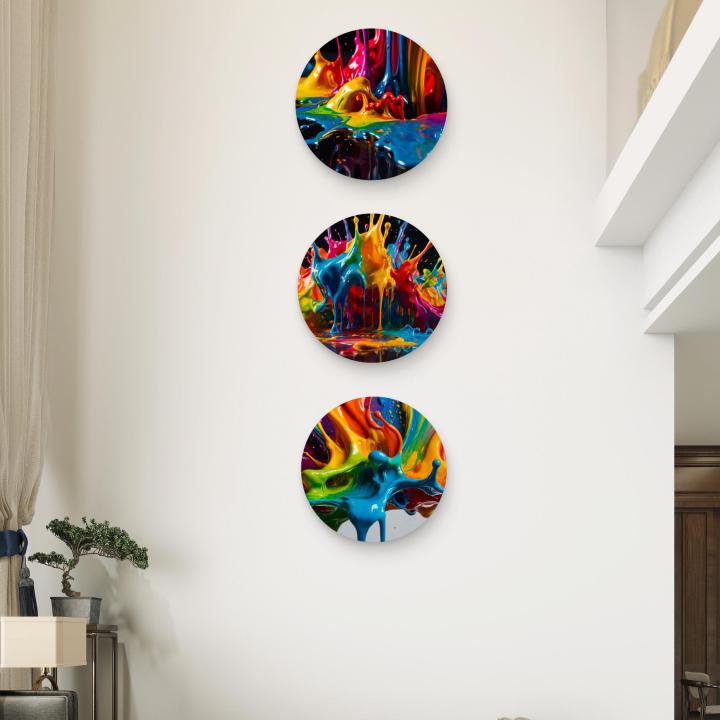 Round Tempered Glass Wall Art Set, Abstract Paint Splash, Modern Decor,3 pieces
