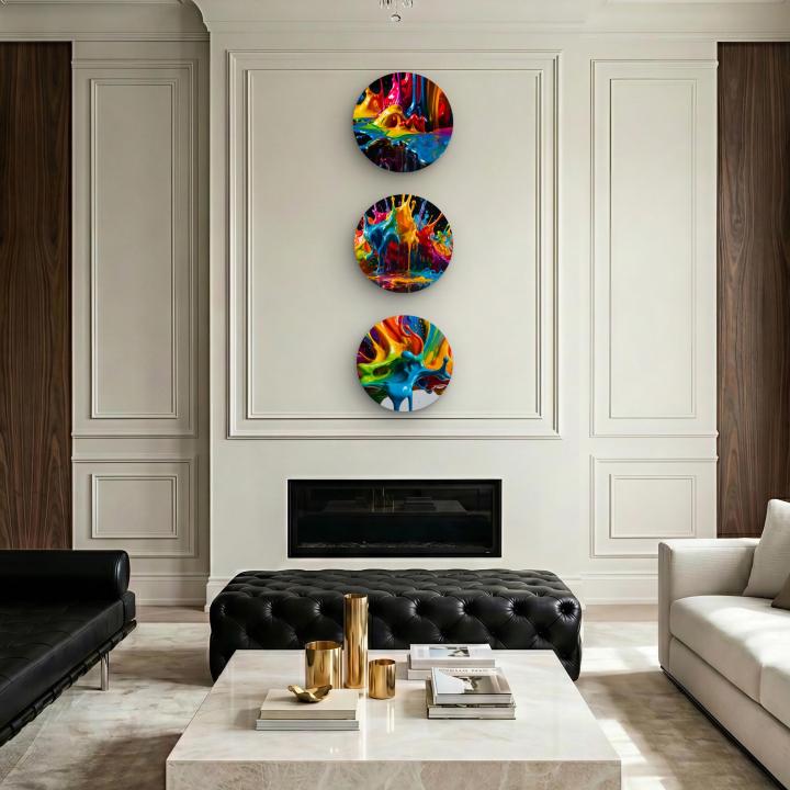Round Tempered Glass Wall Art Set, Abstract Paint Splash, Modern Decor,3 pieces