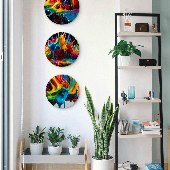 Round Tempered Glass Wall Art Set, Abstract Paint Splash, Modern Decor,3 pieces