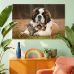 Saint Bernard Dog Kittens Tempered Glass Wall Art, Heartwarming Animal Decor