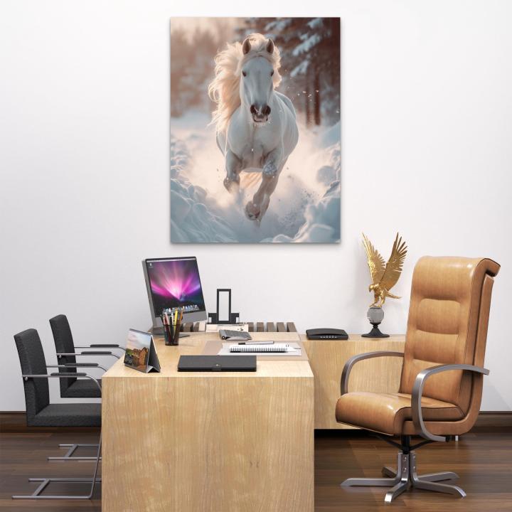 White Horse Running in Snow Tempered Glass Wall Art,Majestic Animal Large Wall Decor