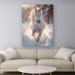 White Horse Running in Snow Tempered Glass Wall Art,Majestic Animal Large Wall Decor