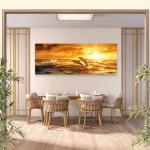 Panoramic Dolphin Glass Wall Art, Ocean Sunset Decor, Horizontal Marine Glass Print