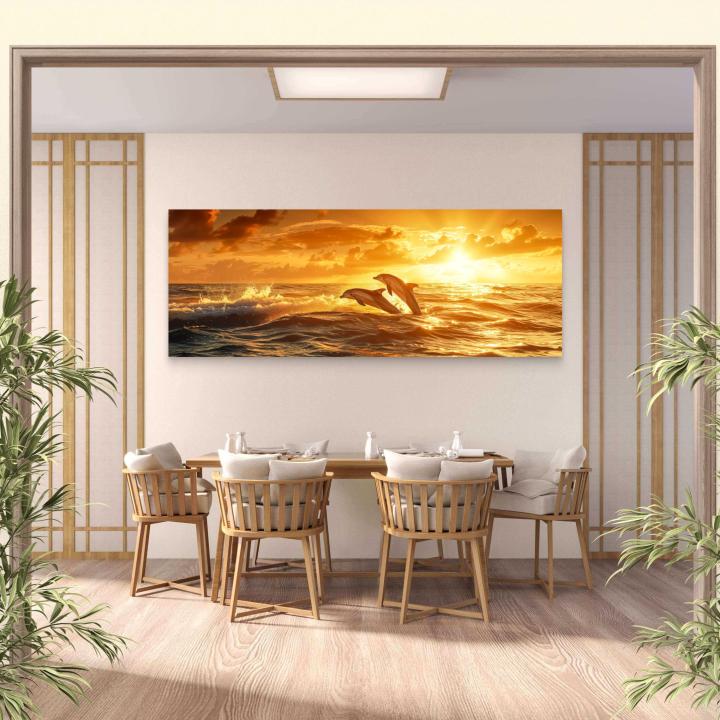Panoramic Dolphin Glass Wall Art, Ocean Sunset Decor, Horizontal Marine Glass Print