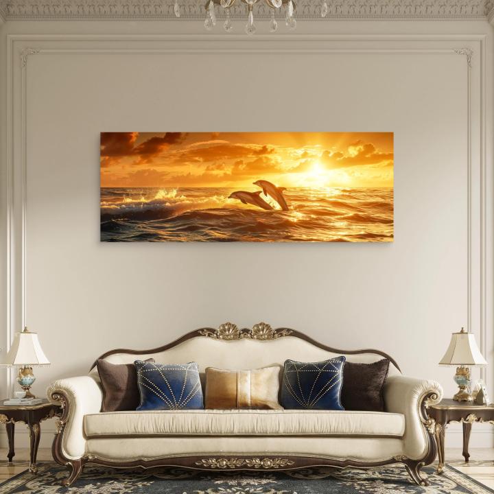 Panoramic Dolphin Glass Wall Art, Ocean Sunset Decor, Horizontal Marine Glass Print