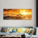 Panoramic Dolphin Glass Wall Art, Ocean Sunset Decor, Horizontal Marine Glass Print