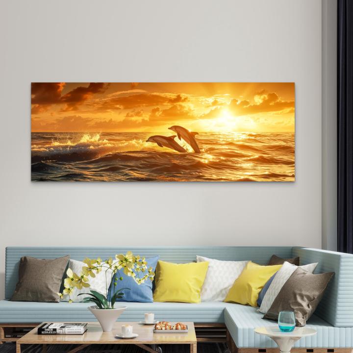 Panoramic Dolphin Glass Wall Art, Ocean Sunset Decor, Horizontal Marine Glass Print