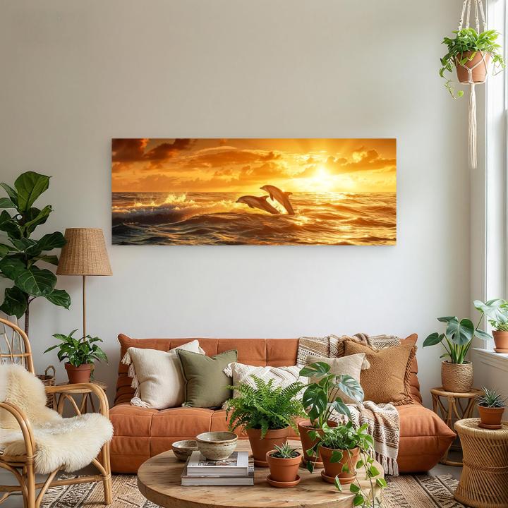 Panoramic Dolphin Glass Wall Art, Ocean Sunset Decor, Horizontal Marine Glass Print
