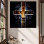 Lion and Cross Tempered Glass Wall Art, Lion of Judah Christian Decor