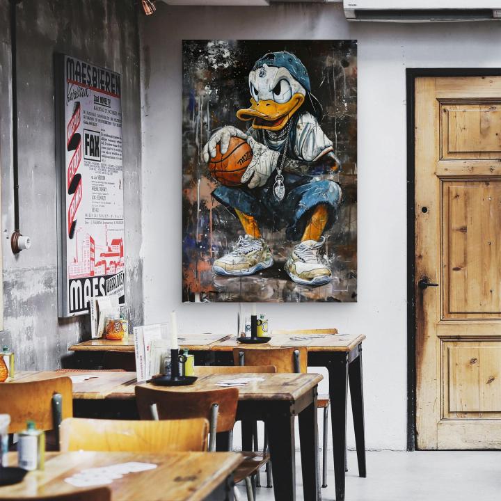 Donald Duck Hiphop Tempered Glass Wall Art, Street Graffiti Basketball Decor