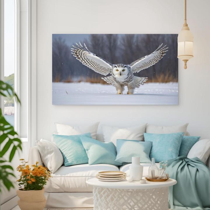 Snowy Owl Tempered Glass Wall Art, Winter Landscape, Wildlife Decor,Large