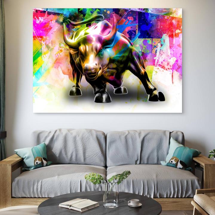 Wall Street Bull Graffiti Tempered Glass Art, Colorful Stock Market Motivation Print