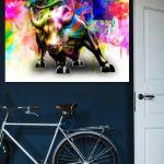 Wall Street Bull Graffiti Tempered Glass Art, Colorful Stock Market Motivation Print