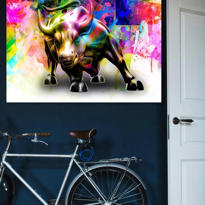 Wall Street Bull Graffiti Tempered Glass Art, Colorful Stock Market Motivation Print