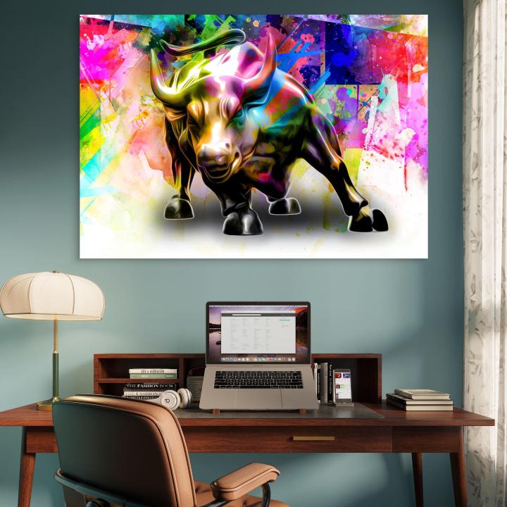 Wall Street Bull Graffiti Tempered Glass Art, Colorful Stock Market Motivation Print