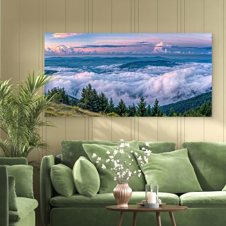 Panoramic Sunset Mountain Glass Art, Purple Clouds Tempered Glass Decor, Large Nature Wall Hanging