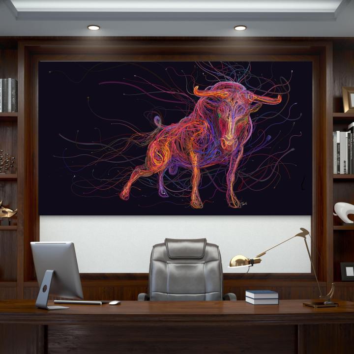 Tempered Glass Wall Art, Charging Bull Technology Decor, Modern Office Print